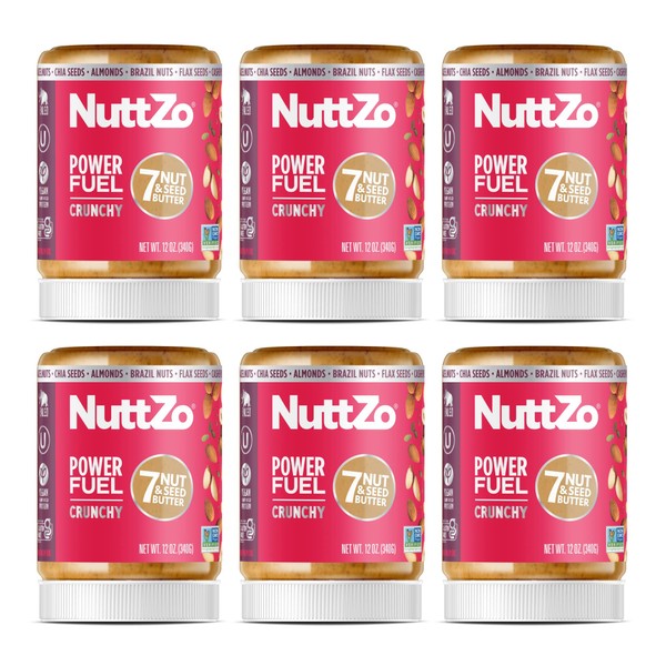 Natural Power Fuel Crunchy Nut Butter by NuttZo | 7 Nuts & Seeds Blend, Paleo, Non-GMO, Gluten-Free, Vegan, Kosher | 1g Sugar, 6g Protein | 12oz Jar (Pack of 6)