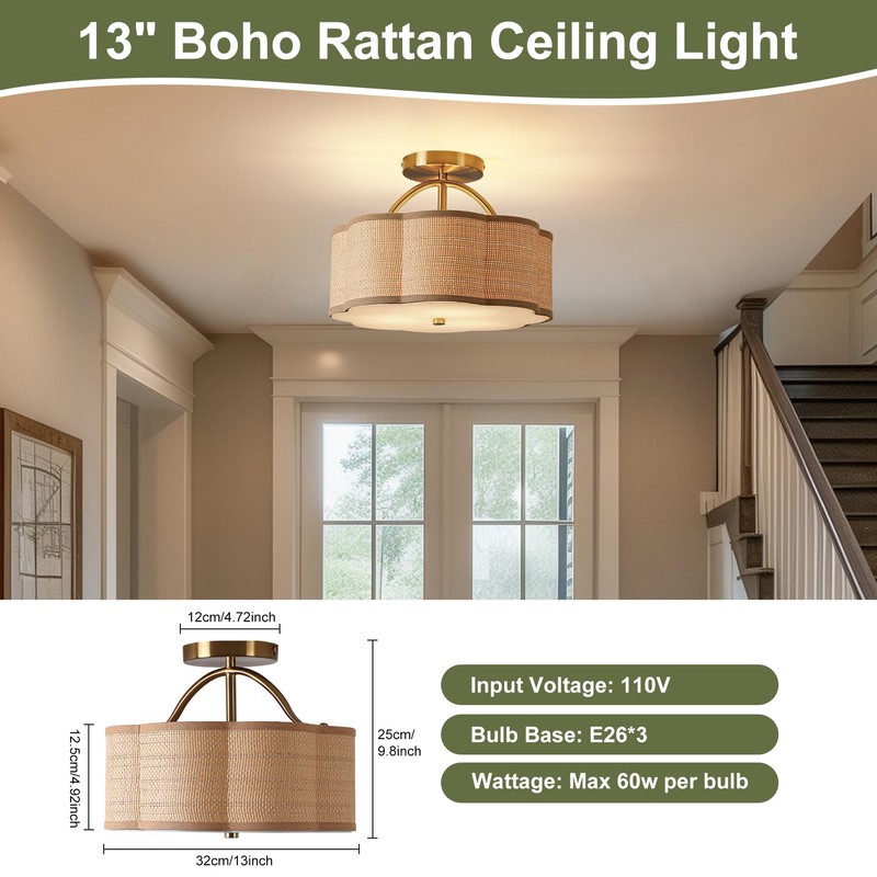 Joyartic 13" Rattan Semi Flush Mount Ceiling Light 3-Light Boho