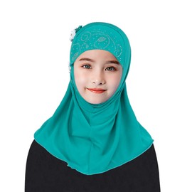Girls Hijab Scarf Muslim Khimar Hijab with Six Flowers Arab Islamic Head Scarf and Wrap Stretch Turban Neck Wrap for Age 2-6 Years Girls Lightweight and Comfortable