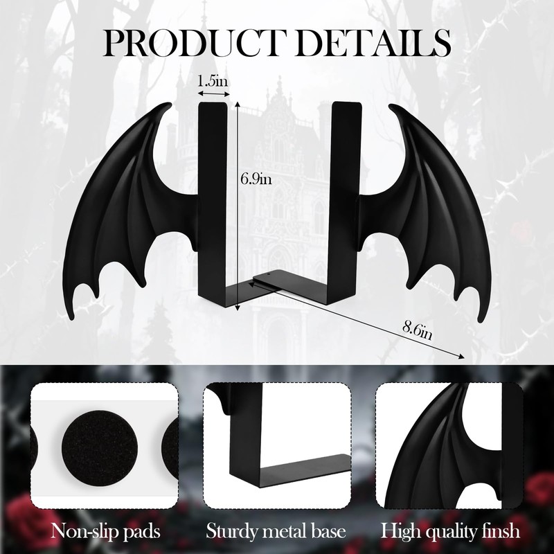 Metal Dragon Wing Bookends – Gothic Fantasy Book Holder Set,