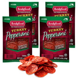 Bridgford Sliced Turkey Pepperoni 4 oz Pack of 4 - Pepperoni Slices for Pizza and Sandwiches - Naturally Smoked Healthy Snacks for Low-Carb Keto Diets - Ready-to-Eat Slices for On-the-Go Snacking
