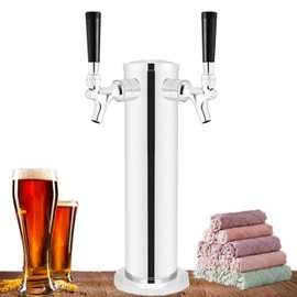 HLYCare Stainless Steel Double Taps Beer Tower for Brewing Beer Keg,3"Diameter Kegerator Tower Dispenser with 2 Faucets,Hose,Tap Handles,Keg Wrench,Cleaning Towel,Kegerator Accessories-Lovers Gifts