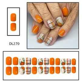 Autumn Press On Nails Short Square Fake Nails Line With Pumpkin Design Orange False Nails Full Cover Acrylic Cute Glue On Nail Artificial Reusable Stick On Nail For Women Manicure 24pcs