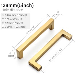 Redunest Cabinet Pulls Gold Cabinet Handles Square Drawer Pulls, 40 Pack 5 Inch Stainless Steel Kitchen Door Cupboard Cabinet Handles, Drawer Hardware Handles, 128mm Hole Centers