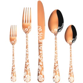 Vilihkc 20 piece Peony Flower Pattern Design Silverware Set, Stainless Steel Flatware Set Service for 4, Rose Gold Cutlery Set, Mirror Polished Utensil Set for Kitchen, Dishwasher Safe