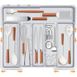Spaclear Large Utensil Drawer Organizer Expandable Silverware Organizer for Kitchen Drawer Adjustable Cooking Utensil Holder Cutlery Flatware Tray Spatula Tools Gadgets Storage Dividers Plastic Grey