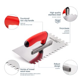 COMENSAL Toothed Trowel 6 mm - Professional Stainless Steel Smoothing Trowel - Toothed Spatula for Laying Tiles - Ergonomic Handle - Made in EU - 270 x 130 mm