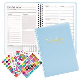 Fettwal Undated Weekly Planner 2025, Diary 2025 A5, Weekly Calendar 2025, Book Calendar, Pocket Calendar, Weekly Calendar 2025, with 4 Stickers, Ring Binder 52 Weeks (Blue)