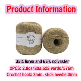 2PCS Metallic Crochet Thread,Yarn for Crocheting,Metallic Thread Round Band Yarn,Lurex Yarn with Metallic Shine, Sparkle Metallic Yarn for Clothes, Car Charm, Keychain Charm 80g(Gold)