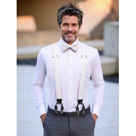 Hi-Tie Mens White Suspender Bowtie Set Handkerchief Cufflinks Adjustable Y Shape Elastic Straps Strong Metal Clips Set