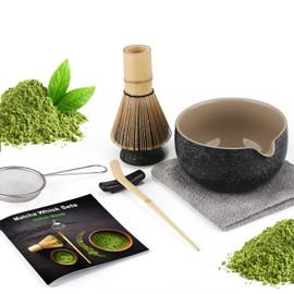 7 Piece Matcha Set, Macha Tea Set with Matcha Spoon, Whisk Holder, Bamboo Matcha Whisk, Shovel, Strainer, Matcha Accessories Traditional Japanese Tea Ceremony Best Gift for Lovers, Speckled Black