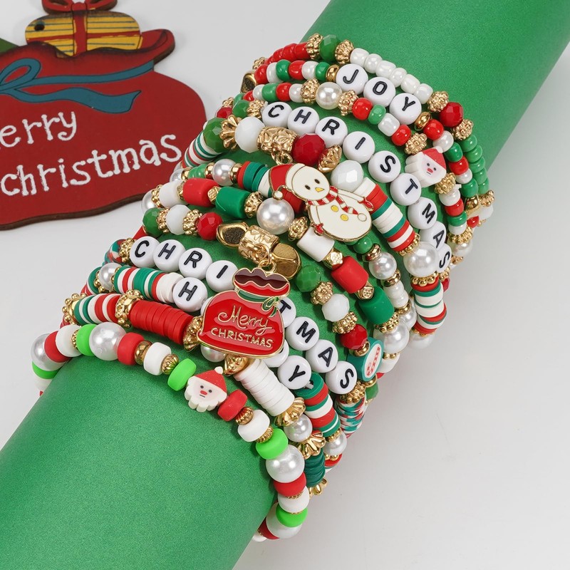 Twinfree 12pcs Christmas Bracelets Women Clay Bead Bracelet Xmas Decorations
