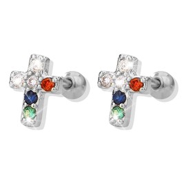 Cross Stud Earrings for Women Girls Colorful Rhinestone Cross Stud Earrings Gold Cross Flat Back Stud Earrings Silver Cross Screw Back Earrings Christian Earrings Cross Jewelry for Girls Gift