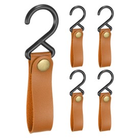 uxcell 5pcs PU Leather Hooks, S-Shape Hooks for Outdoor Camping Hanging Pots Pans Utensils, Light Brown