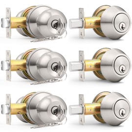Probrico 3 Pack Exterior Door Knob and Single Cylinder Deadbolt Lock Combo Set, Brushed Nickel Front Door Handle with Lock and Key, Keyed Alike