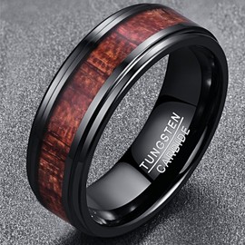 TUNGSTORY 8mm Black Tungsten Ring Hawaiian Koa Wood Mens Wedding Ring Bands with Step Edges Comfort Fit Size Y