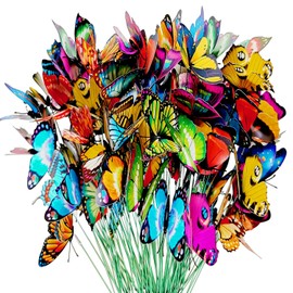 Estacas de mariposa, maceta para jardín, decoración de jardín, mariposas, decoraciones de Navidad, mariposas artificiales en alambre de metal, tallos de planta, multicolor (2.8 pulgadas, 100 unidades)