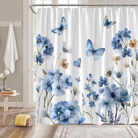 Blue Floral Shower Curtain Watercolor Plant Spring Botanical Weeping Flowers Blooming Nature Plant Bathroom Decor Curtain with Hooks,Blue White Brown