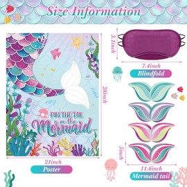 Faccito Pin The Tail on The Mermaid Party Game Mermaid Games Set Include 21 x 28 Inch Mermaid Poster 24 Pcs Reusable Tail Stickers Blindfold Mermaid Theme Party Supplies for Girls Birthday Party Favor