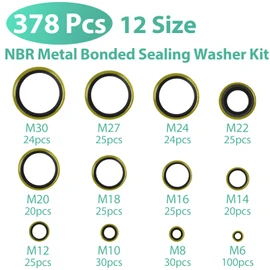 XBVV 378 Pcs NBR Metal Bonded Sealing Washer Assortment Kit M6 M8 M10 M12 M14 M16 M18 M20 M22 M24 M27 M30 Automotive Self-Centred Seal Gasket Repair Set