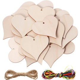Jetec 24 Pieces Natural Wooden Heart Slices for Crafts 4" Unfinished Blank Valentine Wood Ornaments with Natural Rope 15 Colors High Density Polyester Ribbon for Wedding Valentine's Day Christmas