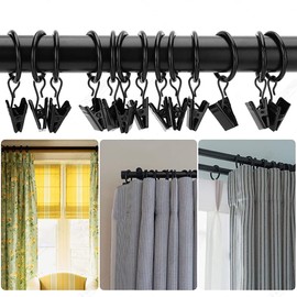 Black Curtain Clip Curtain Rod, 20 Pieces Curtain Rings with Clips, Curtain Clips with Rings, Rustproof Metal Curtain Ring for Holding, Heavy Curtain Rod Sets and Curtains, 25 mm