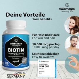 Biotin 10,000 mcg High Dose Vegan, 10 mg Pure Biotin (Vitamin B7), for Hair Growth & Skin, 180 Tablets for 6 Months, Natural Dietary Supplement without Additives, Made in Germany
