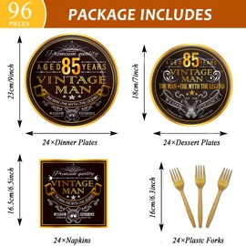 Wiooffen 96 Pcs Vintage 85th Party Tableware Set Back in 1938 85th Theme Birthday Party Table Decoration Supplies Cheers to 85 Years Paper Plate Napkin Fork 24 Guests for Men