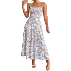 YATHON Sundresses for Women 2025 Vacation Maxi Spaghetti Strap Backless Flowy Tea Party Dress for Women Vintage(YT552-Pink B Floral 01,L)