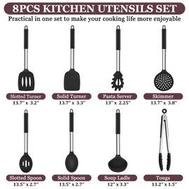 TeamFar Kitchen Utensils Set of 8, Silicone Utensils Kitchen Tools Set with Stainless Steel Handle, for Frying Serving Flipping Draining, Non-toxic & Heatproof, Nonstick & Dishwasher Safe - Black
