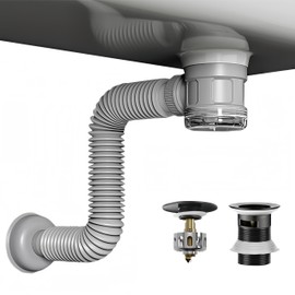 Bathroom Sink Drain Kit with Flexible Expandable Pipe: Odor-Free & Backflow-Preventing, Space-Saving Design without a P-trap, For 1-1/4'' & 1-1/2'' Drain Hole (Black, With Overflow)