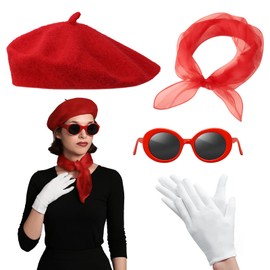 YTLSDHF 4-Piece French Women's Beret Set, French Costume Accessories with Red Beret, Scarf, Sunglasses and Gloves for Women Girls Cosplay, Themed Parties and Daily Fashion Supplies