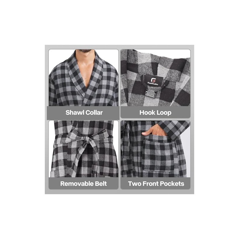 FashGudim Men's Cotton Lightweight Thin Short Dressing Gown Checked Summer