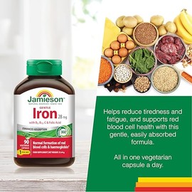 Jamieson Iron 28 mg, with Folic Acid, Vitamin B2, Vitamin B12, and Vitamin C, to Reduce Tiredness and Fatigue, with Enhanced Absorption, and Gentle on the Stomach. 90 Vegetarian Capsules
