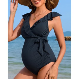 Charmo Women Ruffle One Piece Swimming Costume Ribbed Maternity Bathing Suit V Neck Pregnancy Swimwear Navy L