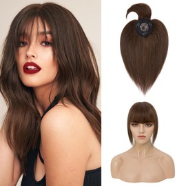 Hairro Clip in Hair Topper with Bangs Real Remy Human Hair Toupee for Women 100% Human Hair Mono Base Toppers for Hair Loss Thinning Hair Hairpiece Natural Looking Clip in Human Hair Toppers Wiglet (10 Inch,38g, #4 Medium Brown)
