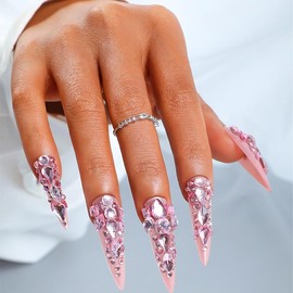Buy 10 Get 10 Free! [Machine-Made] 24pcs Press-On Nails with Rhinestones & Flowers – French Style Glue-On Nails for Women & Girls Full Cover Shiny Glitter Long Lasting Quality:_M-ST-PK-002