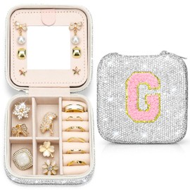 Soleebee Bling Crystal Travel Jewelry Case, G Initial Jewelry Box for Women Girls, Portable Small Jewelry Organizer Travel Essentials for Necklace Earrings Rings - Letter G, Silver