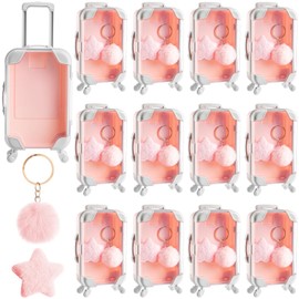 LemonRoad 36 Pcs Mini Suitcase Party Favor Box with Plush Ball Keychains and Hair Clips 6.69 x 3.74 x 1.97 Inches Clear Mini Suitcase Gift Box for Travel Wedding Birthday Party Favors(Pink)