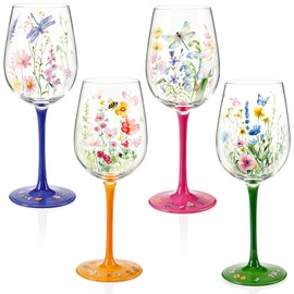 Nuogo 4 PCS Wild Flower Wine Glasses - 15 oz Hand Painted Floral Dragonfly Butterfly Stem Glass Goblet Novelty Gift for Hostess, Birthdays, Weddings, Housewarming, Spring Summer Party