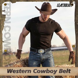 LEACOOLKEY Western Cowboy Leather Belt for Men Longhorn Bull Buckle Belt 1.5" Wide Floral Engraved Embossed Leather Belt，Black,Fit Size 39"-44"