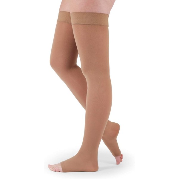 medi Assure 20-30 mmHg Thigh High Compression Stockings with Silicone Top Band – Open Toe Leg Circulation, Stockings for Women, Semi-Opaque Leg Support Compression Hosiery , Small, Beige