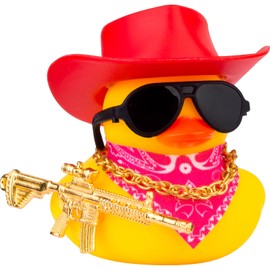 CoFuBcad Yellow Duck Car Dashboard Decoration with Cowboy Hat, Necklace, Sunglasses, Cool Prop (Red)