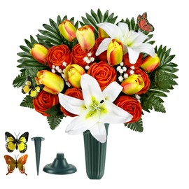 SUHOOKOO Artificial Cemetery Flowers – Realistic Silk Flower Outdoor Grave Decorations - Roses Lilies, Tulips and Babys Breath Bouquet