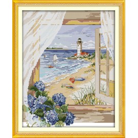CaptainCrafts Cross Stitch Kits, Stamped Cross Stitch Preprinted Fabric Cross Stitch Adults Embroidery Kits (Preprinted 11CT, Sea View Outside The Window)