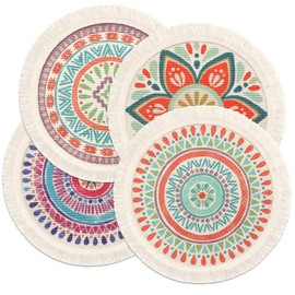 LOMOHOO Set of 4 Round Placemats 13 Inch Table Mats Boho Cotton Woven Mandala Tassels Heat Proof Washable Circle Place Mat for Kitchen Dining Wedding Farmhouse Home Decoration