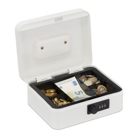 Relaxdays Cash Box, 3-Digit Number Combination, Coin Insert, Iron Money Box, Cash Box, H x W x D 8.5 x 20 x 17 cm, White