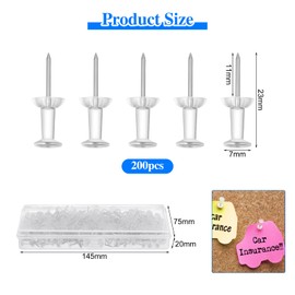 Moendergo 200 PCS Clear Push Pins,Drawing Pins with Clear Storage Box,Thumb Tacks Map Pin for Bulletin Board, Cork Board, Wall Hangings at Home Office School