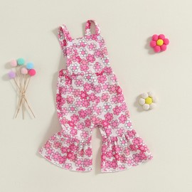 Lefyira Baby Girl Bell Bottom Romper Floral Flare Jeans Jumpsuit Toddler Denim Overalls Suspender Pants Fall Winter Clothes (Pink, 2-3 Years)