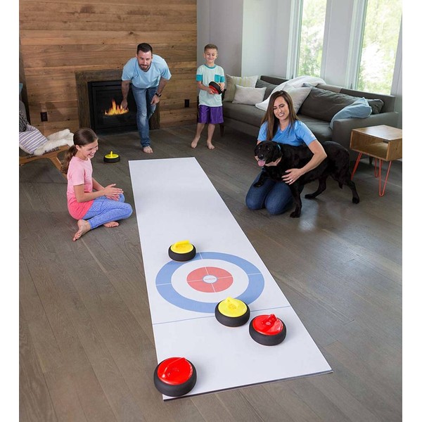 HearthSong Curling Zone – Indoor Battery Operated Hovering Curling Set – Fun Family Game for Kids and Adults – 6 Curling Stones and Floor Mat – Olympic Sport Party Game Equipment – Age 3+